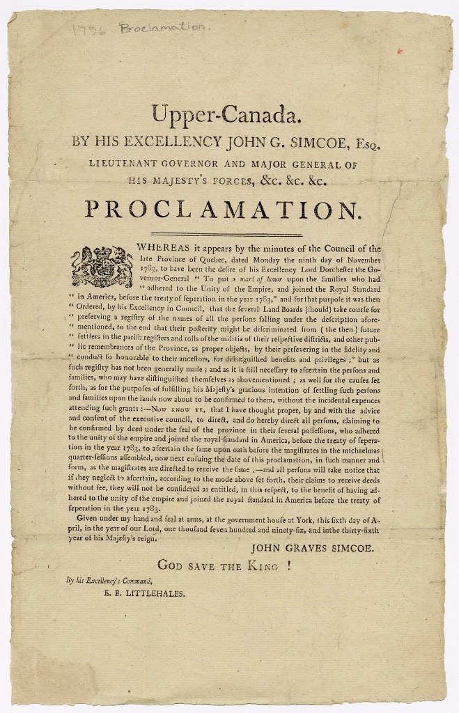 old paper from 1791 containing a proclamation of land to loyalist settlers from the US